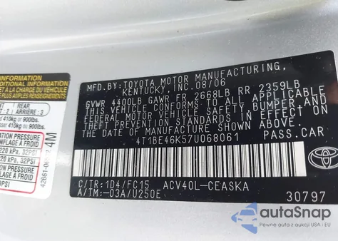 2007 Toyota Camry Se из США, поврежденный, VIN 4T1BE46K57U068061